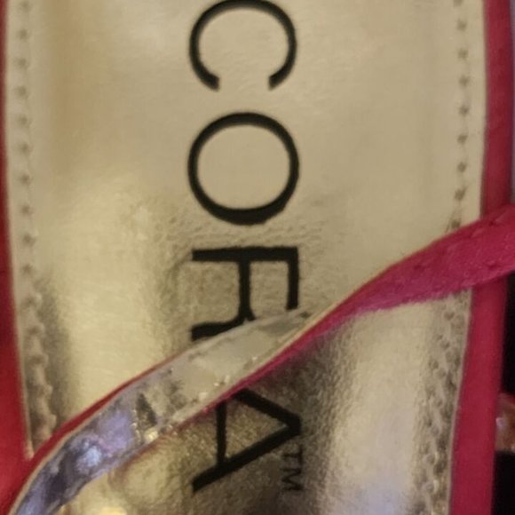 CORA Rhinestones Pink/ Silver Fabric Open Toe Platform Stiletto Heels Size 6 - Picture 6 of 11